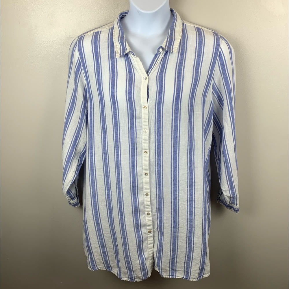 Tahari 100% Linen Button Down‎ Tunic Shirt Roll Tab Size 1X Blue White Stripes